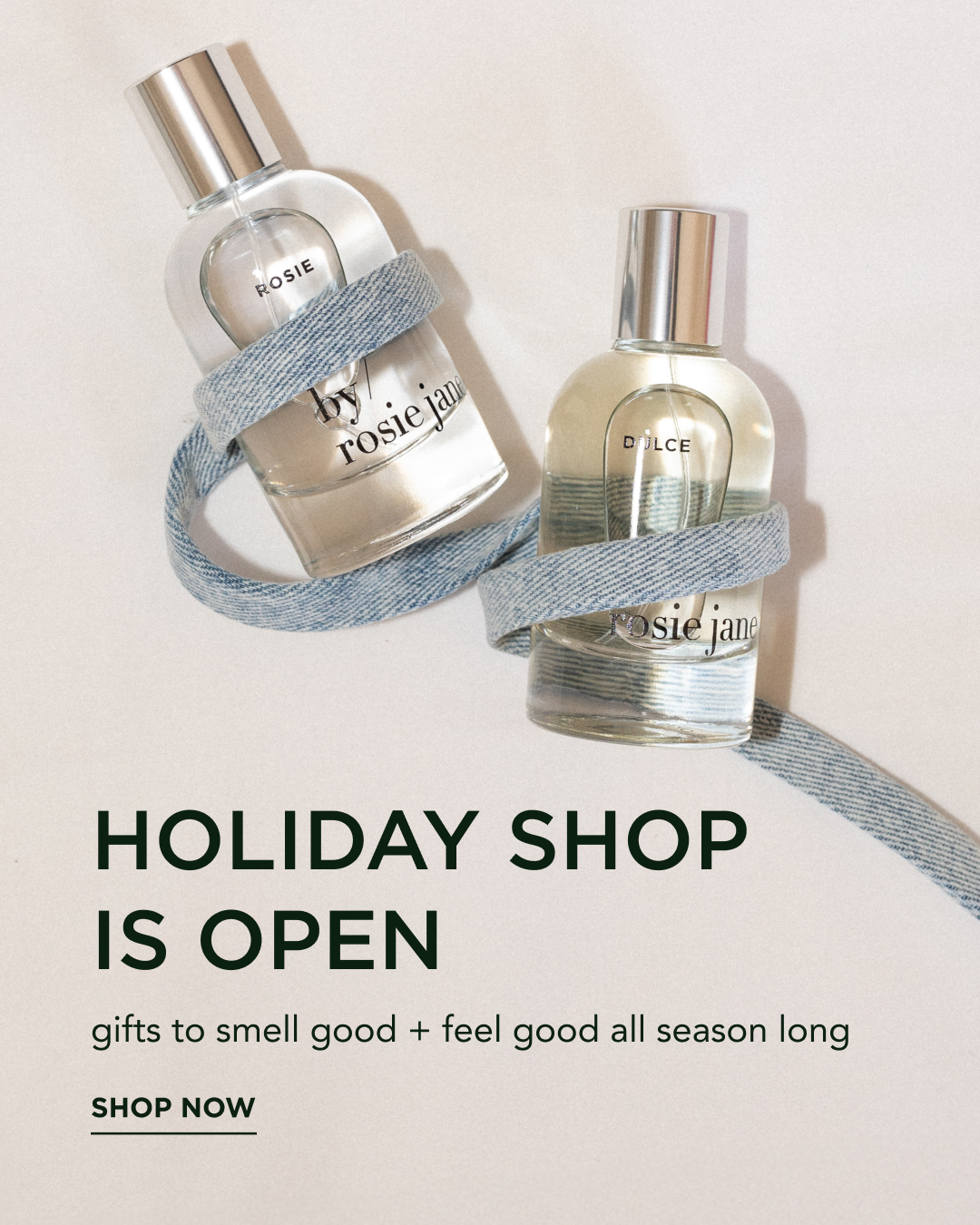 holiday shop is open! two perfume bottles with ribbons and text promoting a holiday shopping season.