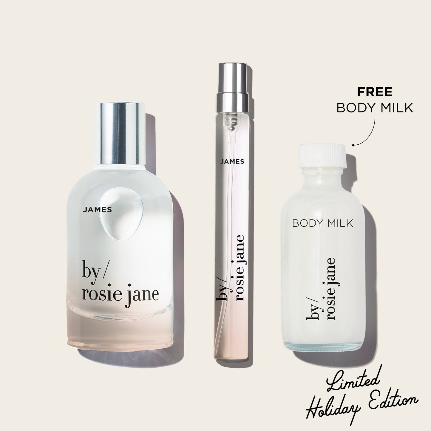 Three JAMES 'by Rosie Jane' perfume bottles on a light beige background with 'Free Body Milk' text.