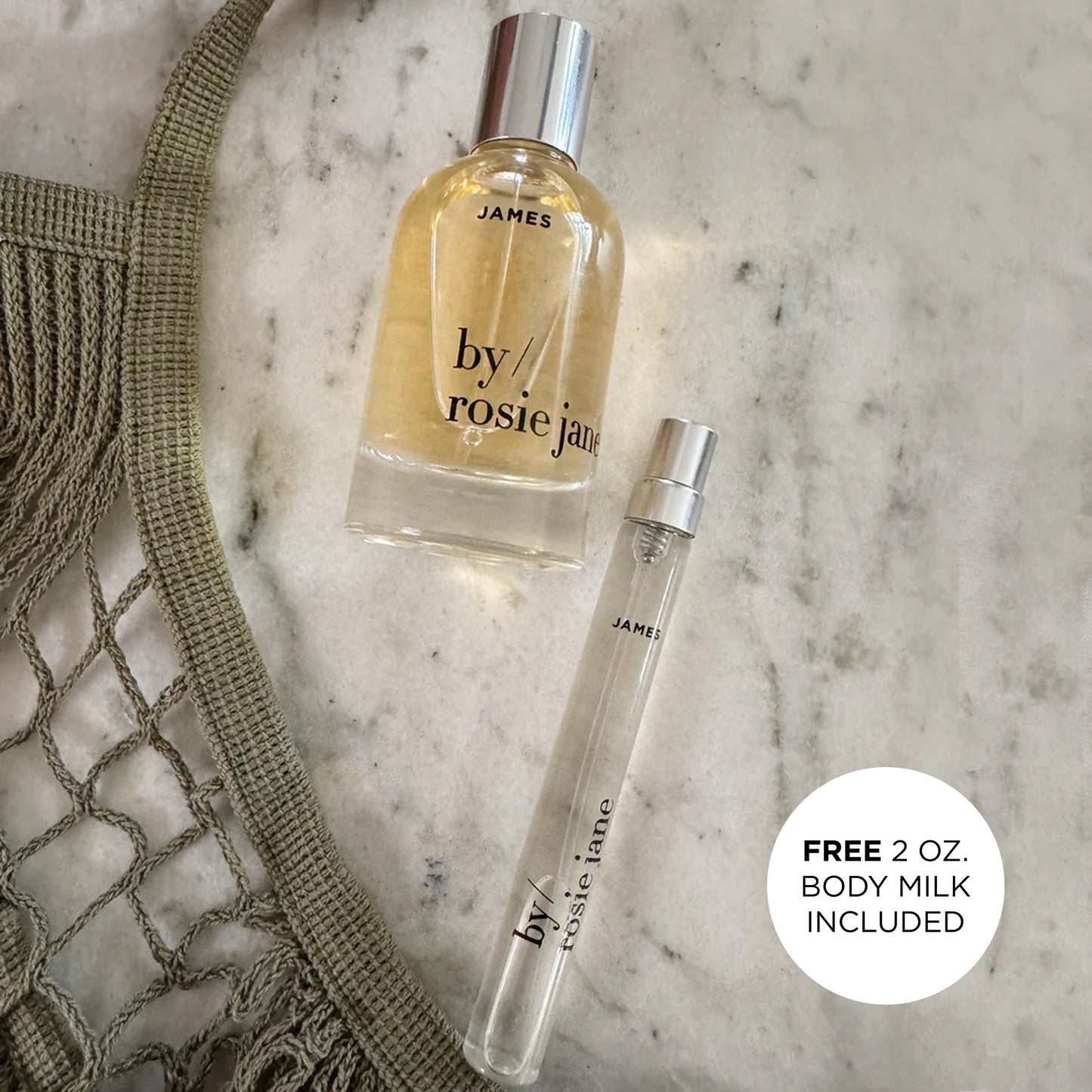 JAMES Perfume bottle and spray on a marble surface with 'by rosie jane' branding.