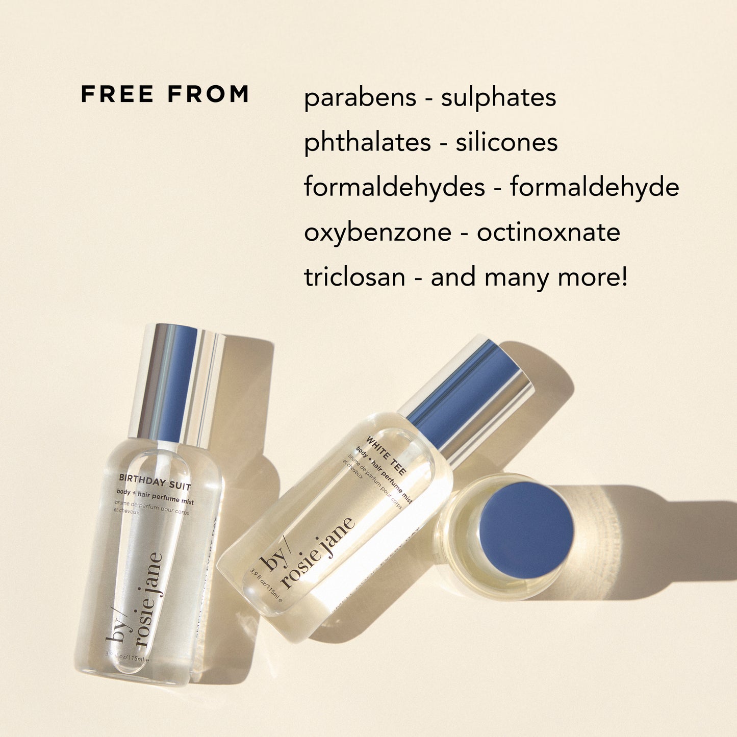 Cosmetic products with a list of ingredients they are free from on a beige background