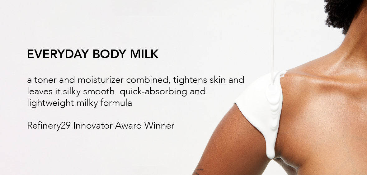 A woman applying body milk to her shoulder.