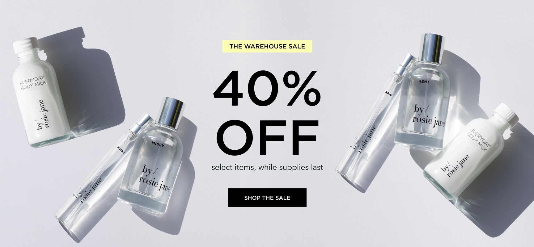 40% OFF SELECT ITEMS. Perfume bottles with a warehouse sale promotion on a light gray background
