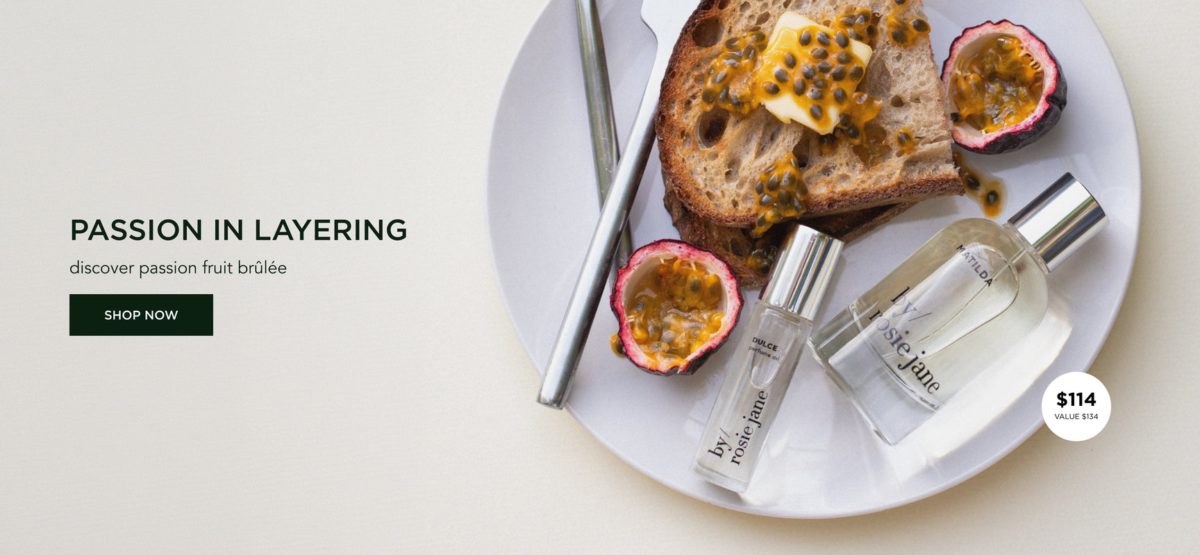 matilda perfume and dulce perfume oil on a plate with bread, butter, and passion fruit.