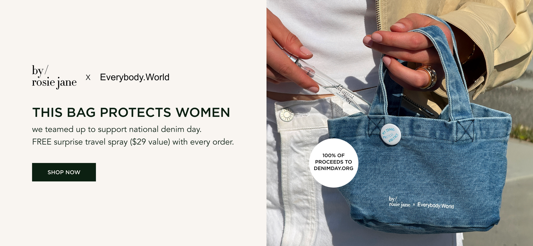 girl holding small denim tote with travel spray