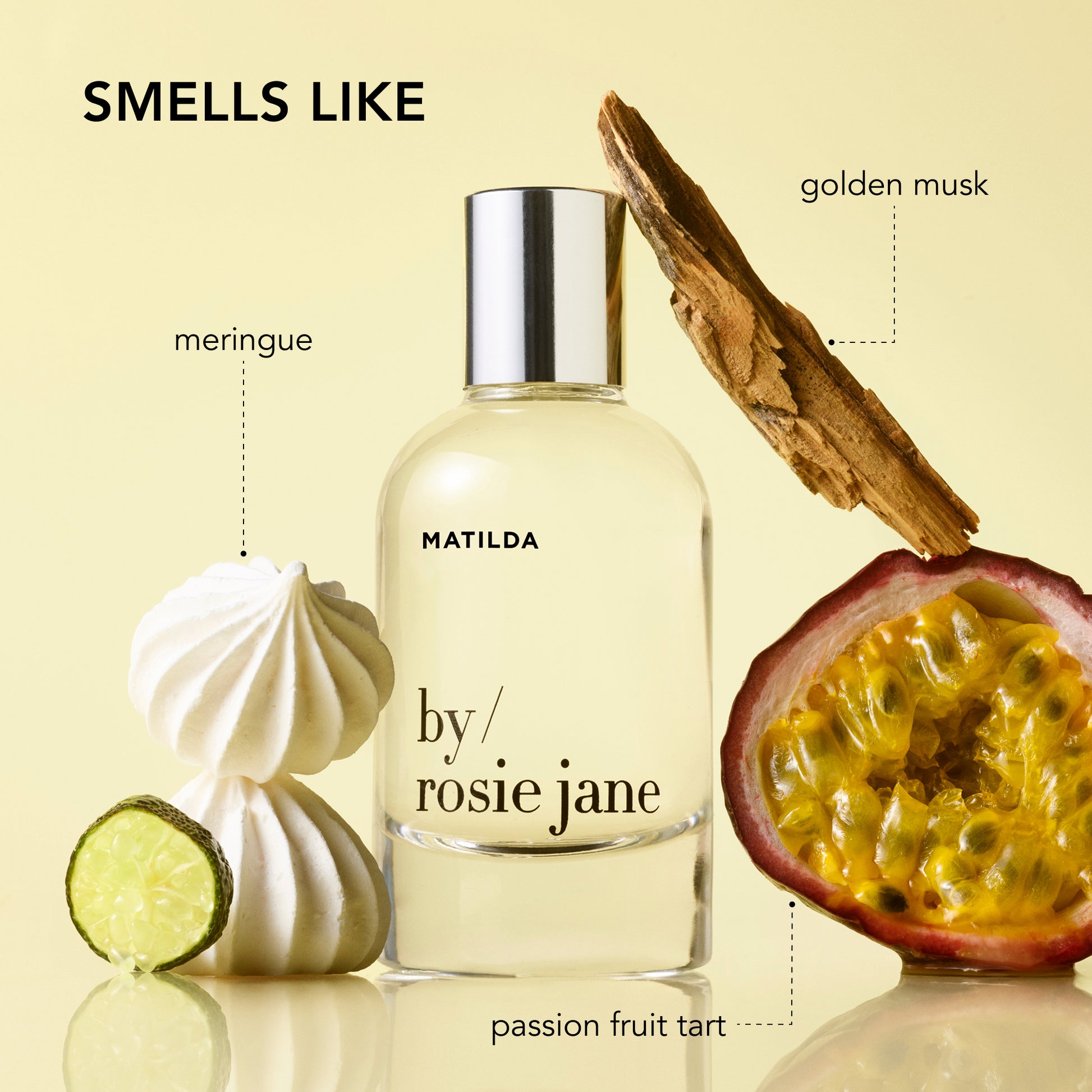 Perfume bottle labeled 'MATILDA by rosie jane' with elements representing its fragrance notes on a yellow background. Smells like: passion fruit tart, golden musk, and meringue