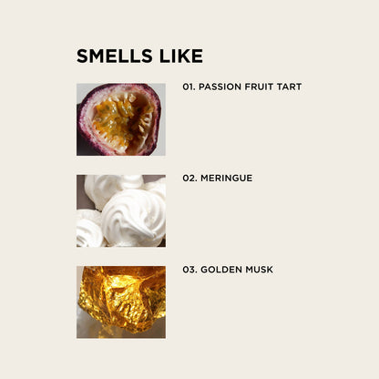 Scents comparison chart with images of passion fruit tart, meringue, and golden musk.