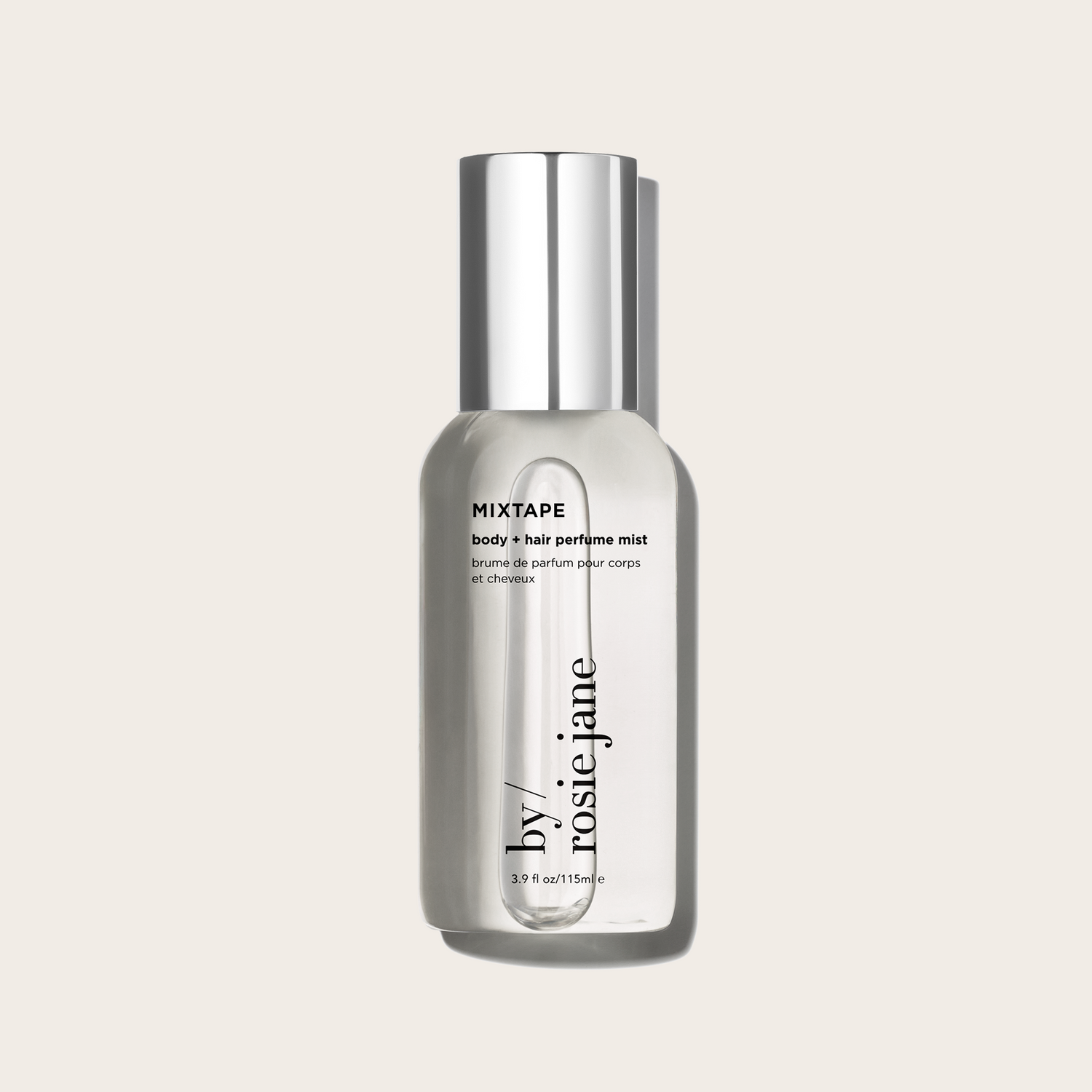Bottle of 'mixtape' body hair perfume mist by rosie jane on a light beige background