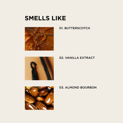 A graphic titled 'SMELLS LIKE' on a light beige background, showing three scent examples with small photos and text: 01. Butterscotch, 02. vanilla extract. 03. almond bourbon 