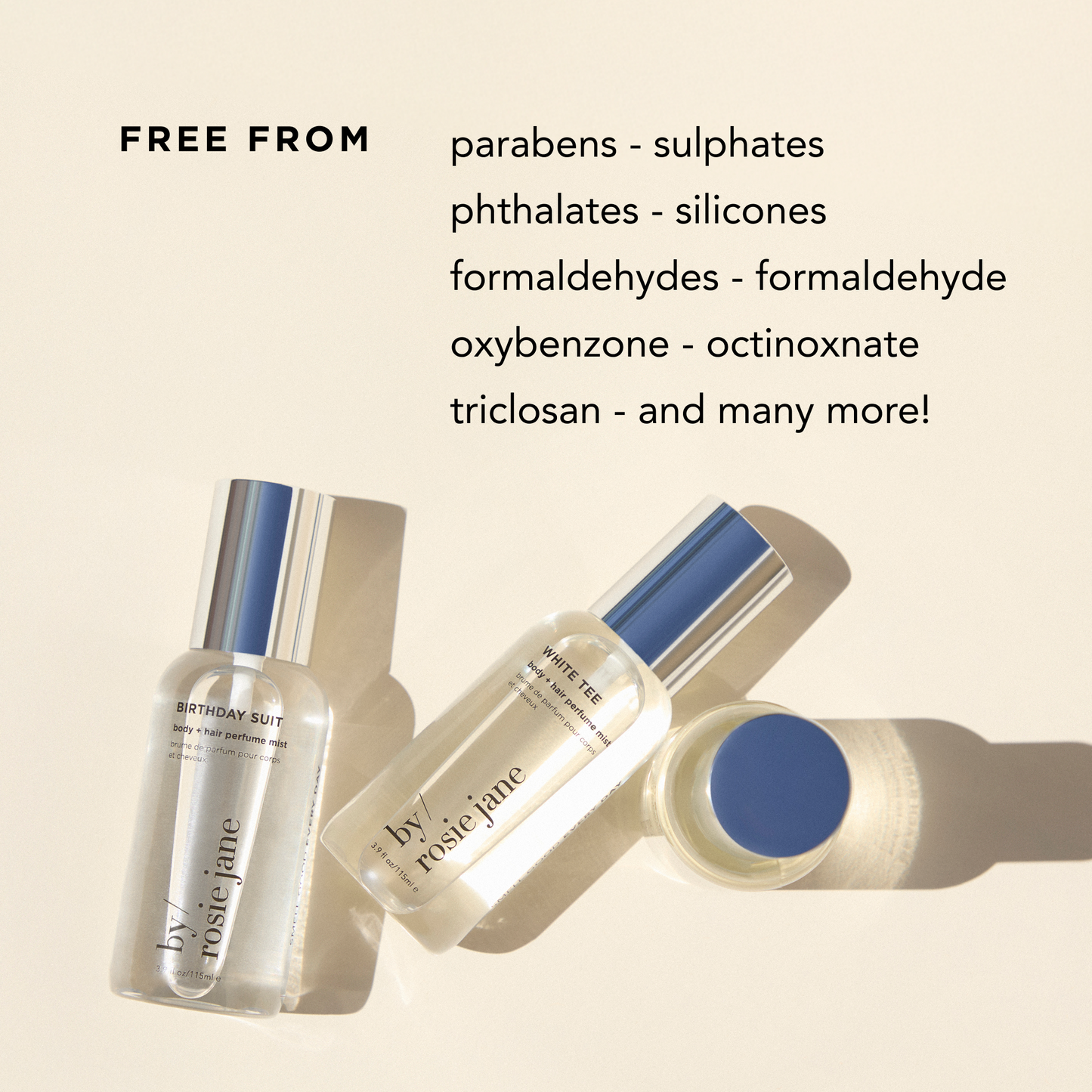 Cosmetic products with a list of ingredients they are free from on a beige background