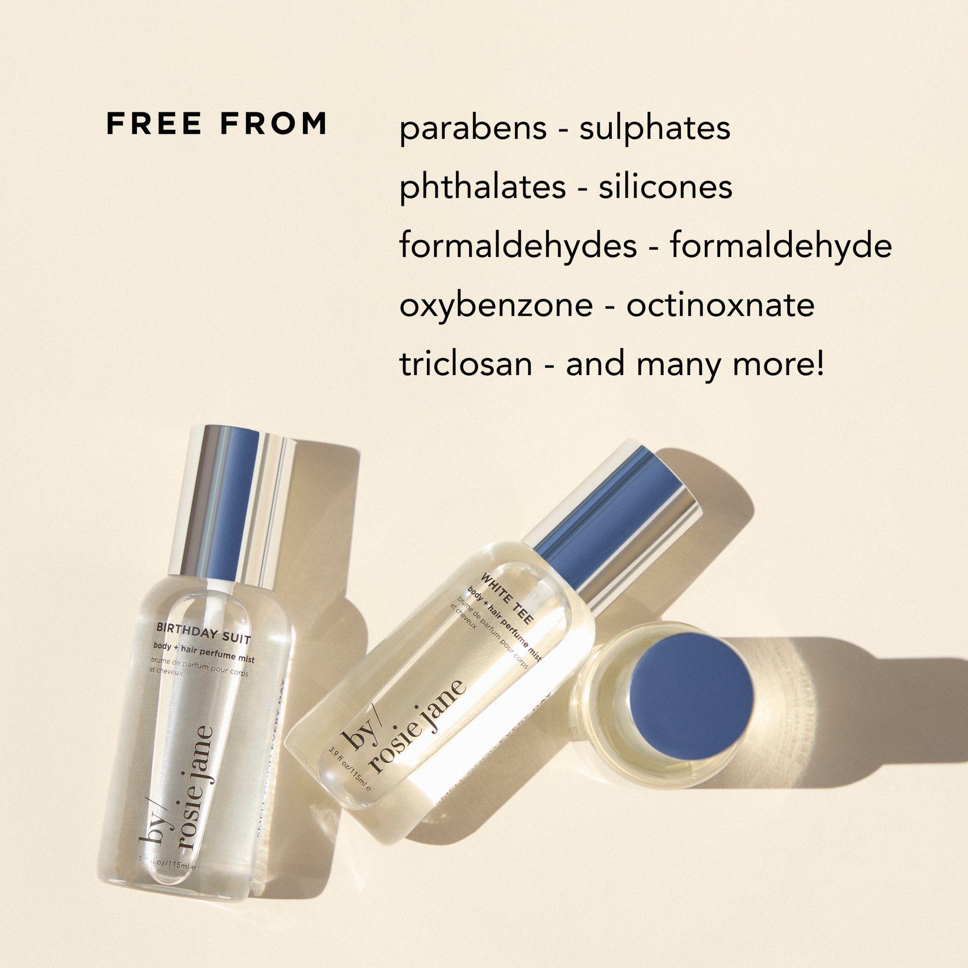 Cosmetic products with a list of ingredients they are free from on a beige background