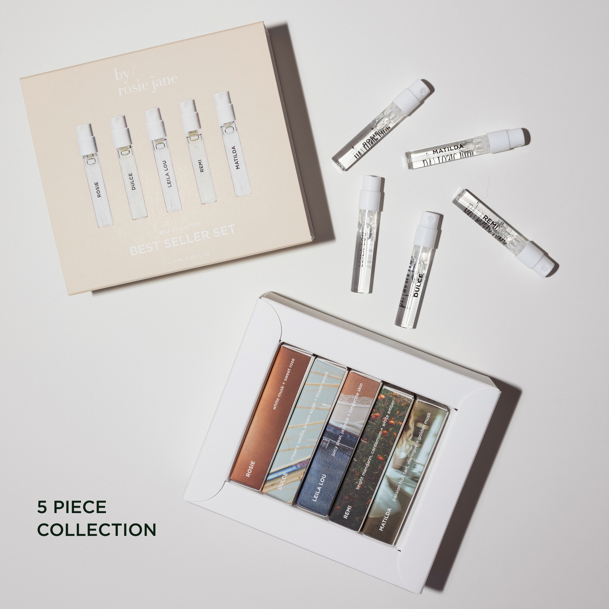 NEW Set of 5 perfume samples with packaging on a light gray background