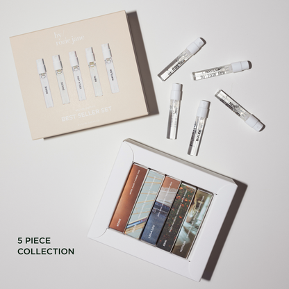 NEW Set of 5 perfume samples with packaging on a light gray background