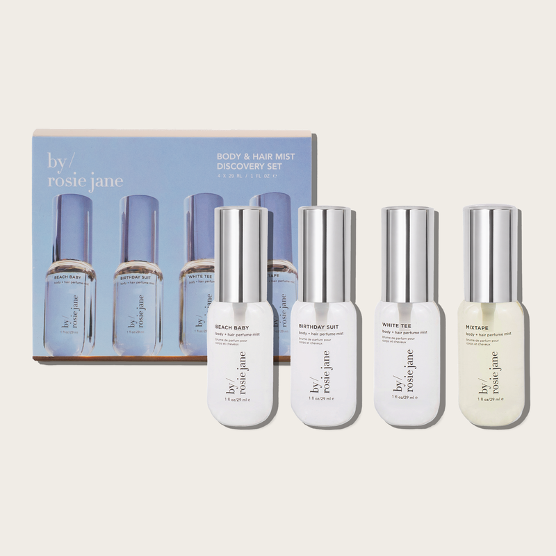 Body and Hair mist discovery set. Includes: Beach Baby, Birthday Suit, White Tee and Mixtape comes in 1oz bottles
