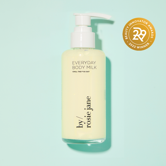 Chill The F*ck Out Everyday Body Milk bottle with black text, showcasing its award-winning, lightweight formula for hydrating and smoothing skin.