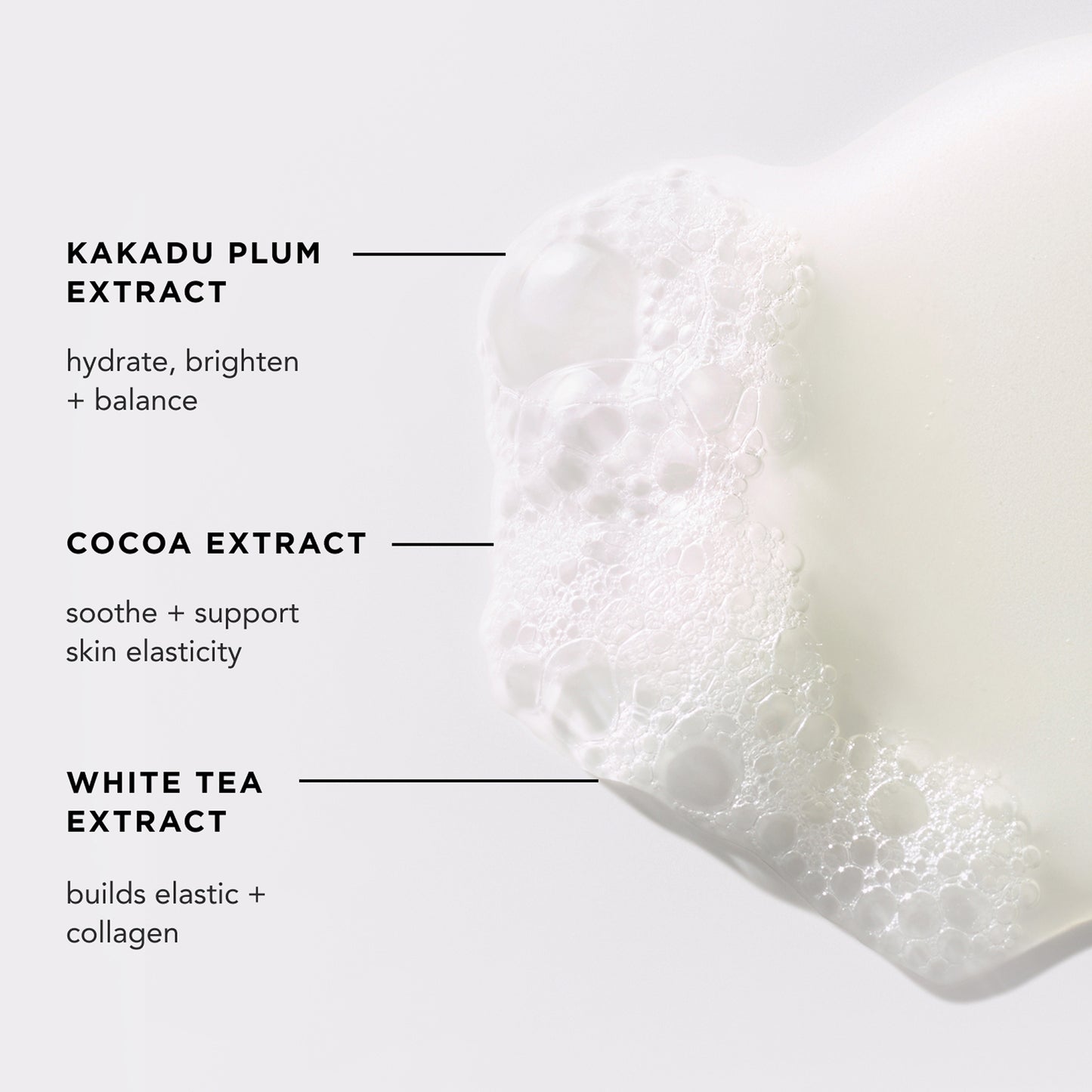 calm body wash has kakadu plum extract, cocoa extract, white tea extract