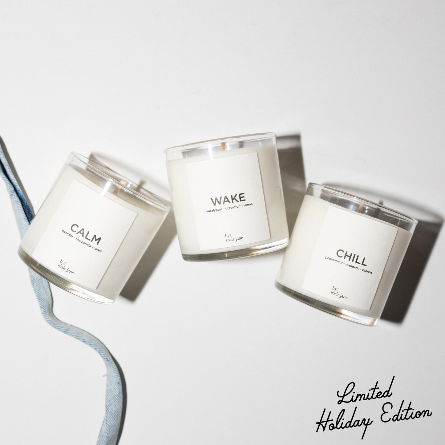 Three candles labeled 'Calm', 'Wake', and 'Chill' on a white background with 'Limited Holiday Edition' text.