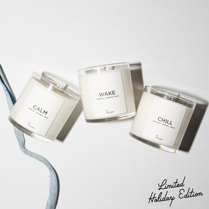 Three candles labeled 'Calm', 'Wake', and 'Chill' on a white background with 'Limited Holiday Edition' text.