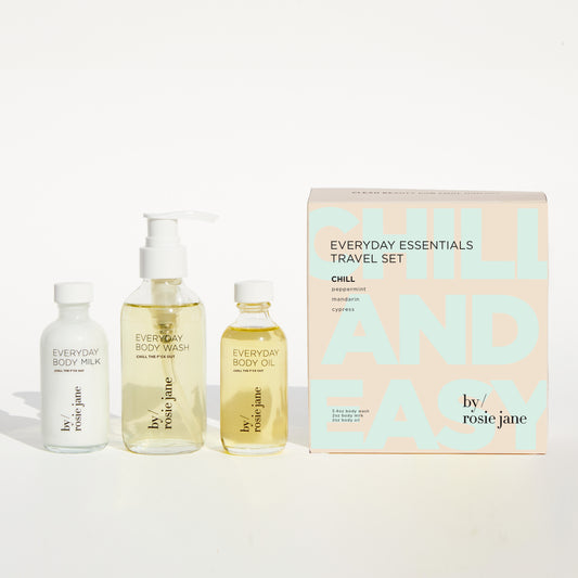 Chill + Easy Set with bottles of body wash, body milk, and body oil next to a travel kit box, perfect for skin rejuvenation.