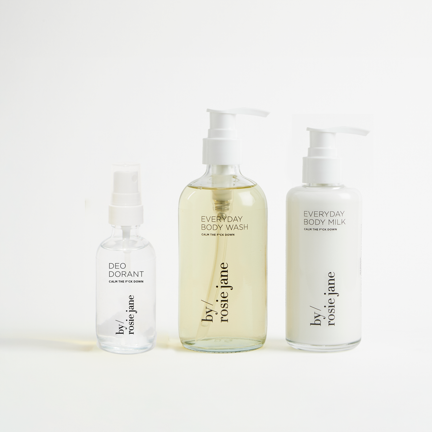 The Wake the F*ck Up Body Collection: Everyday body wash, body milk, and deodorant.