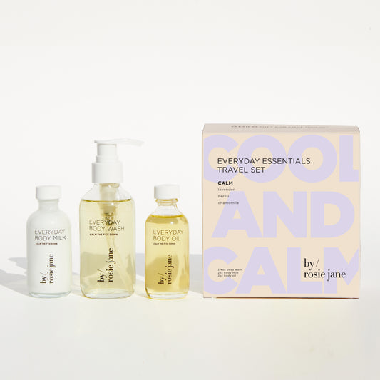 Cool + Calm Set: A collection featuring a body wash, body milk, and body oil, perfect for soothing skin with lavender, neroli, and chamomile.