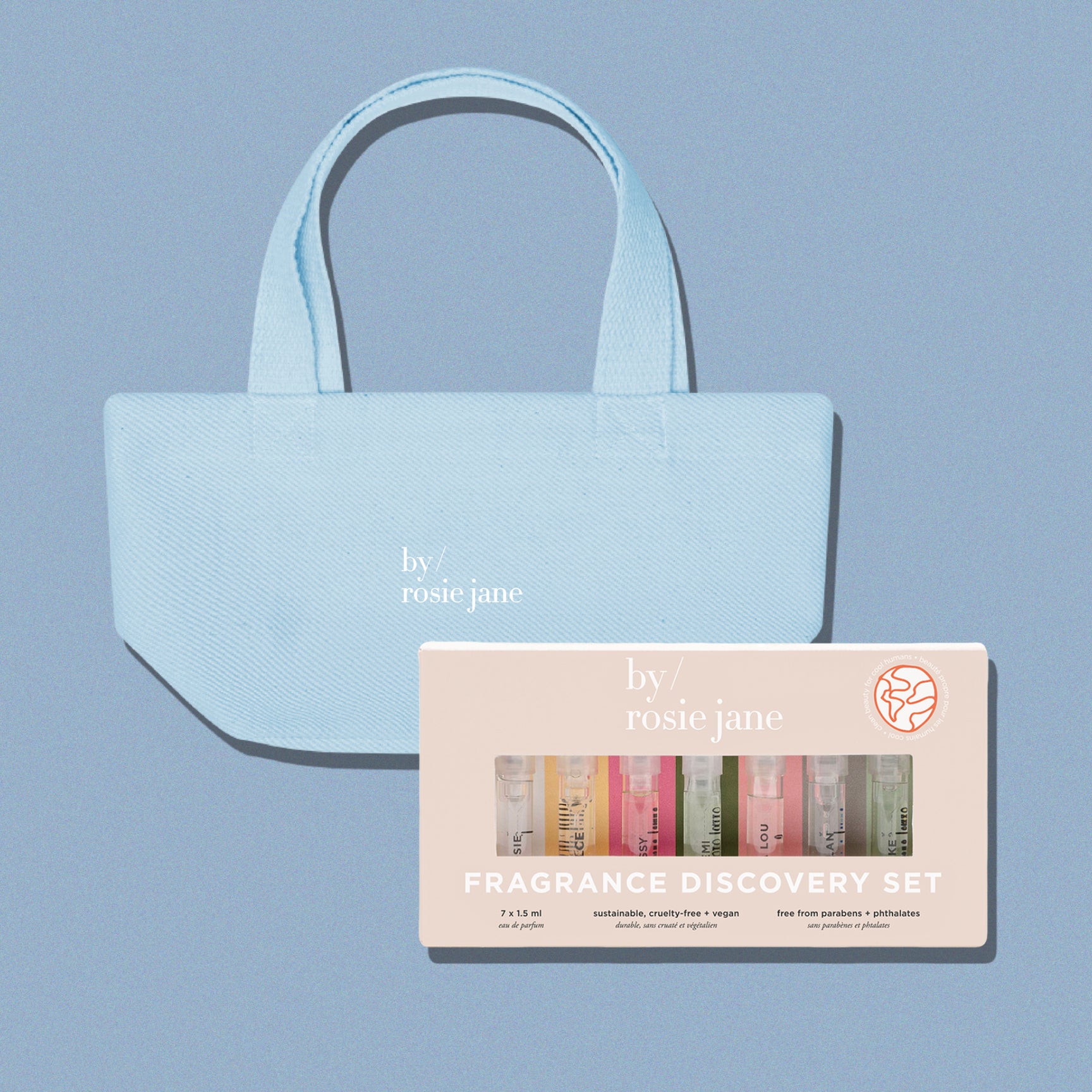 discovery set and mini tote on a blue background