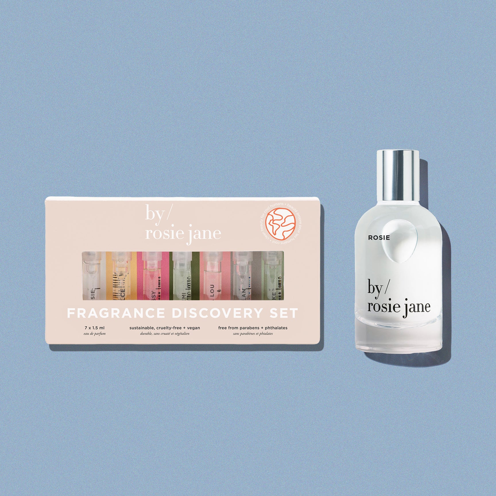 Fragrance discovery set with a pefume bottle and packaging on a blue background