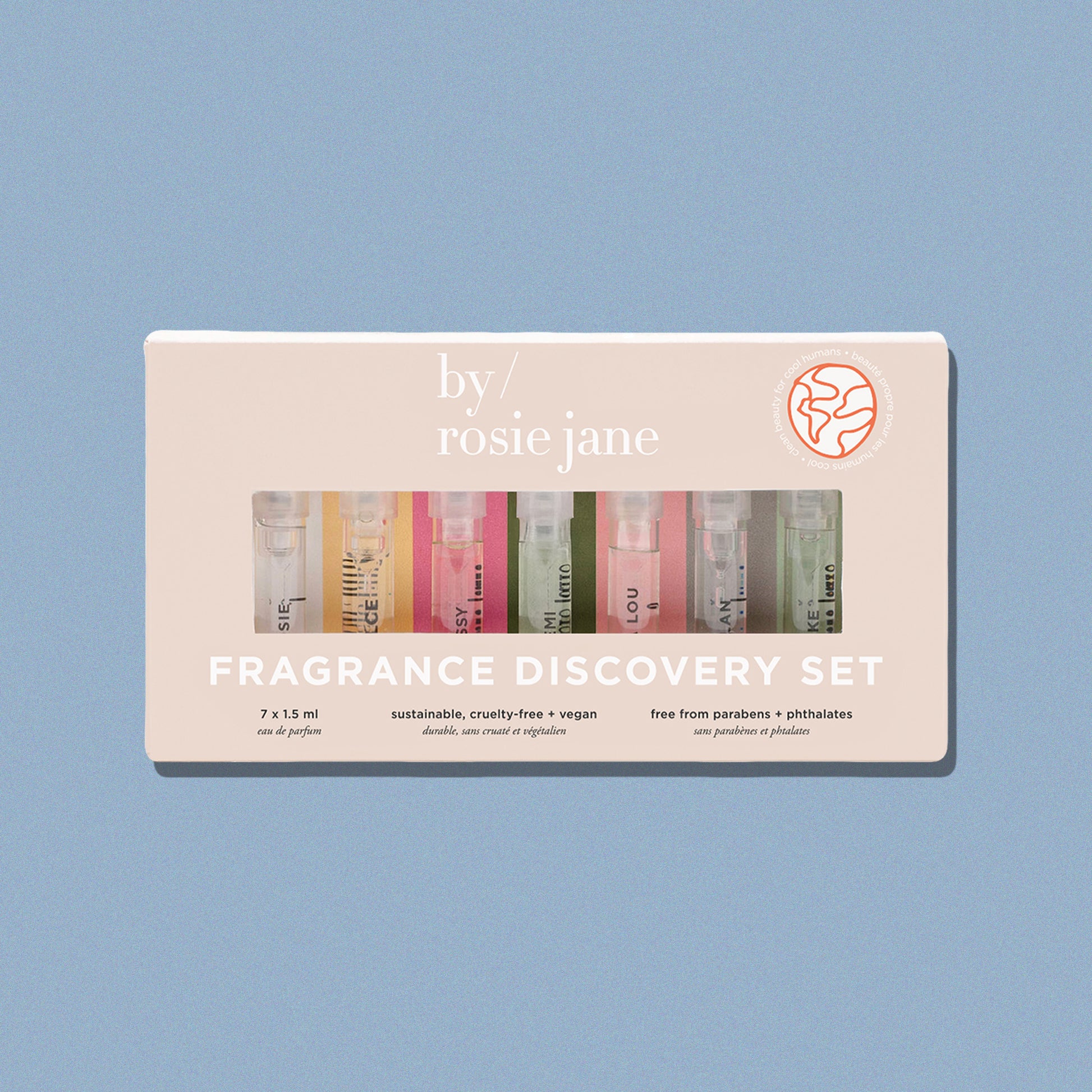 Fragrance discovery set with 'by Rosie Jane' branding on a blue background
