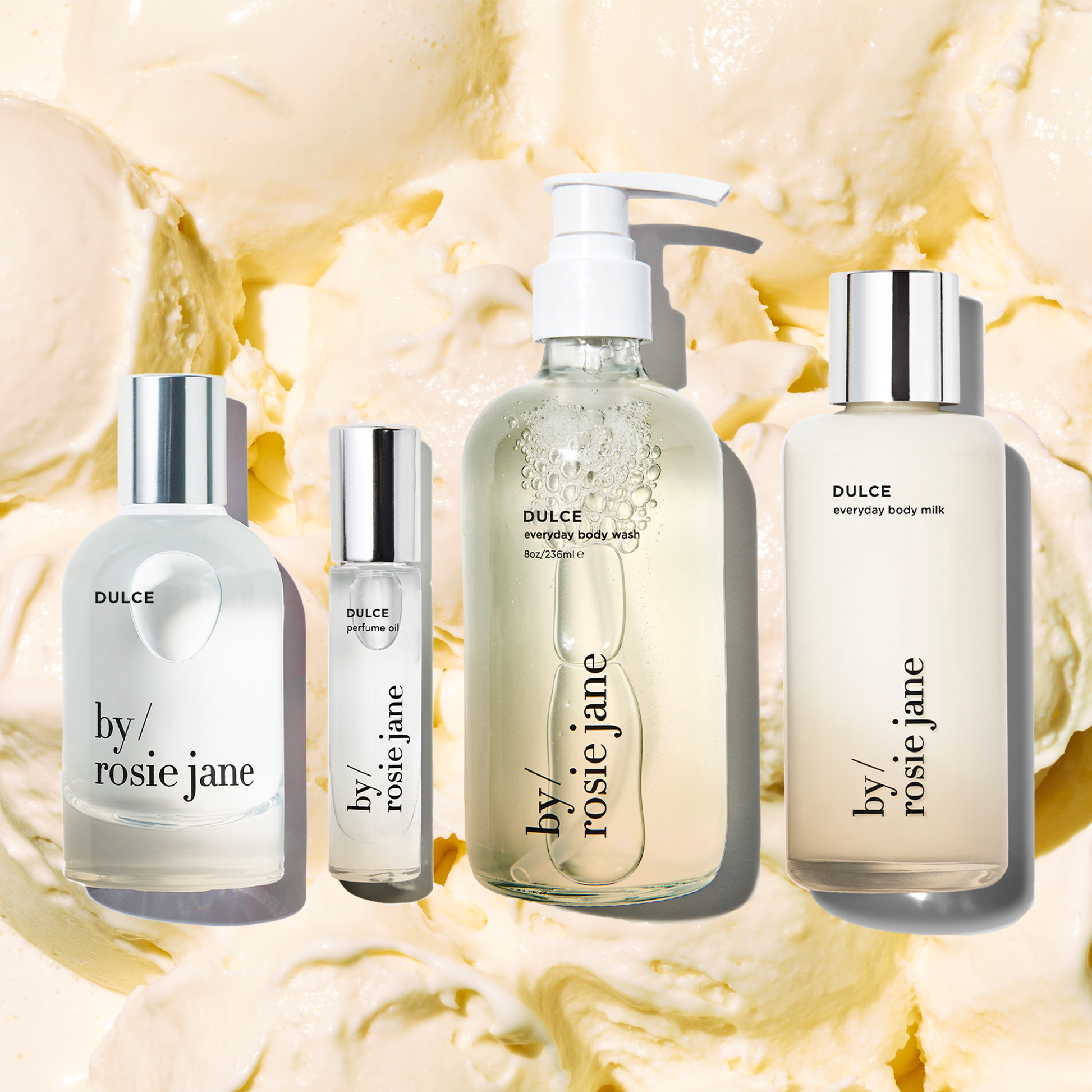 Dulce perfume, dulce perfume oil, dulce body wash, and dulce body milk on vanilla ice cream
