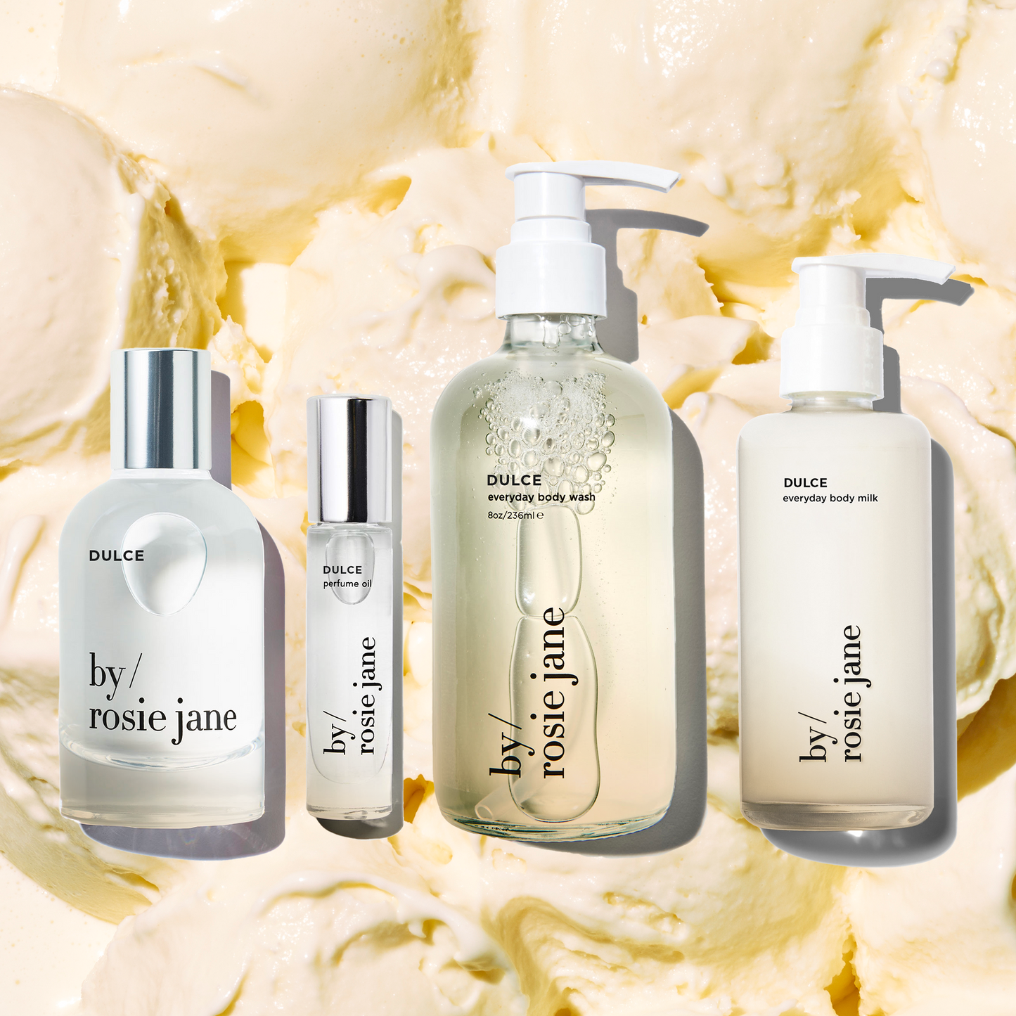 Set of dulce skincare products with 'by rosie jane' branding on a floral background