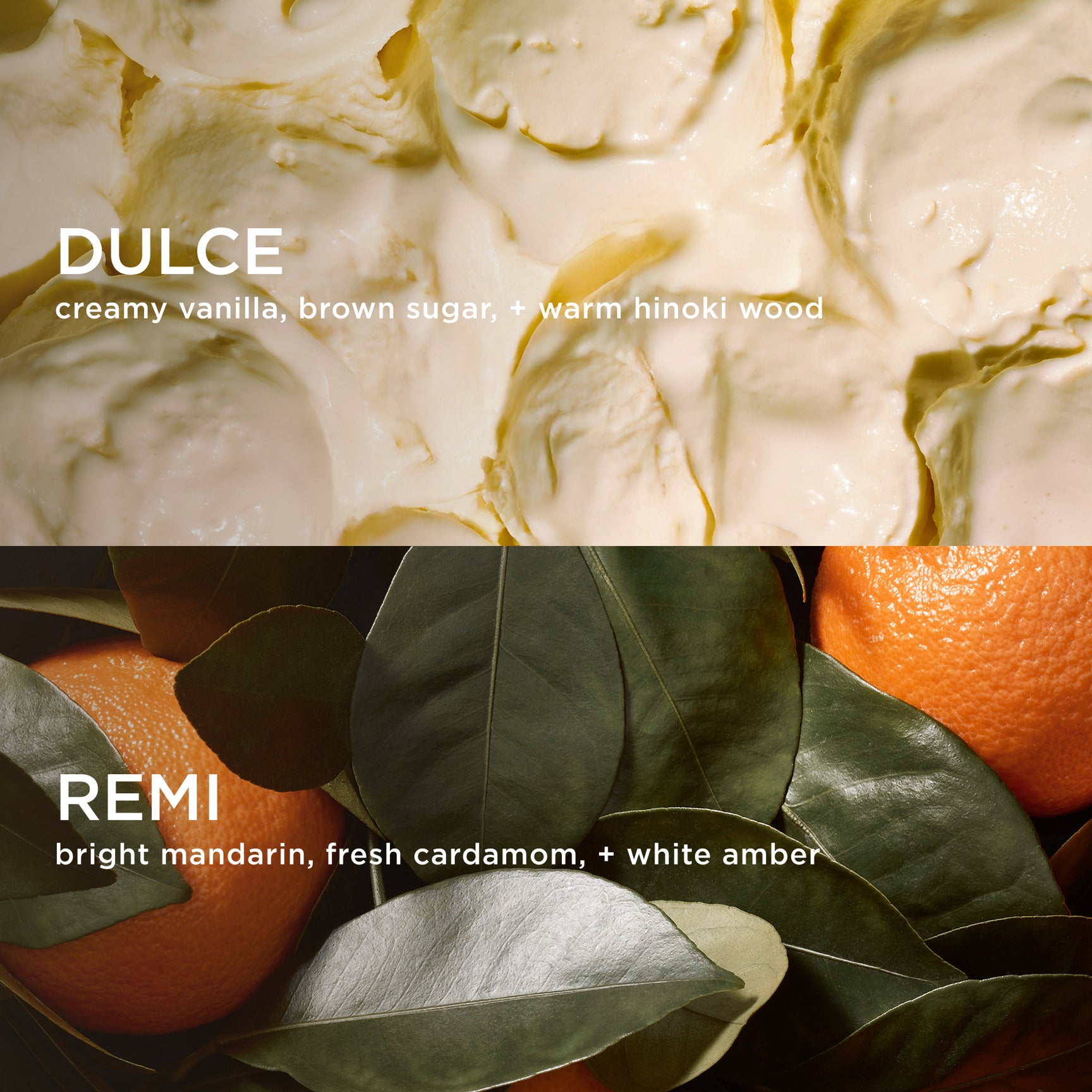 Two scents, Dulce and Remi, with corresponding imagery and descriptions.
