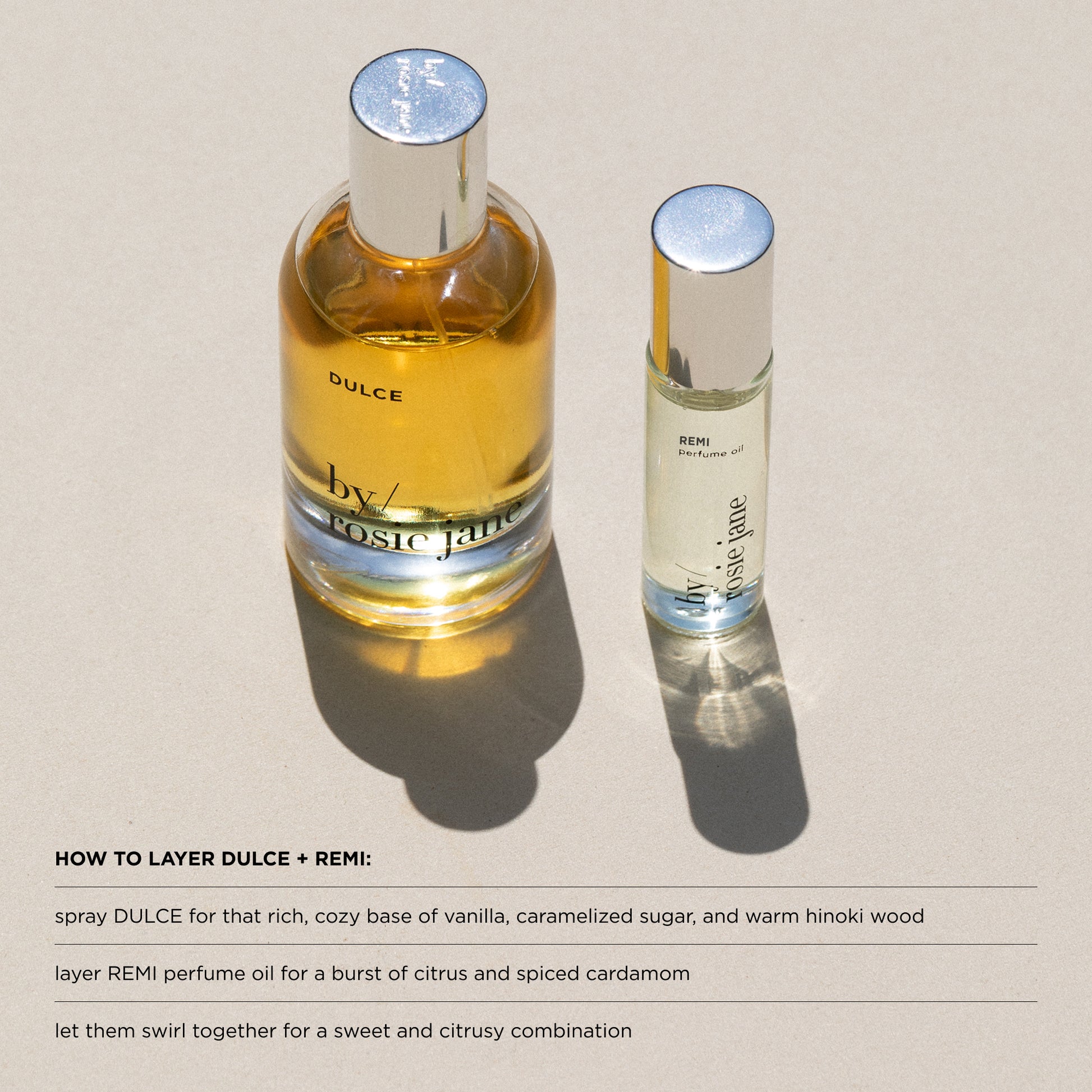 dulce perfume bottle and remi perfume oil on a beige background with text about layering scents.