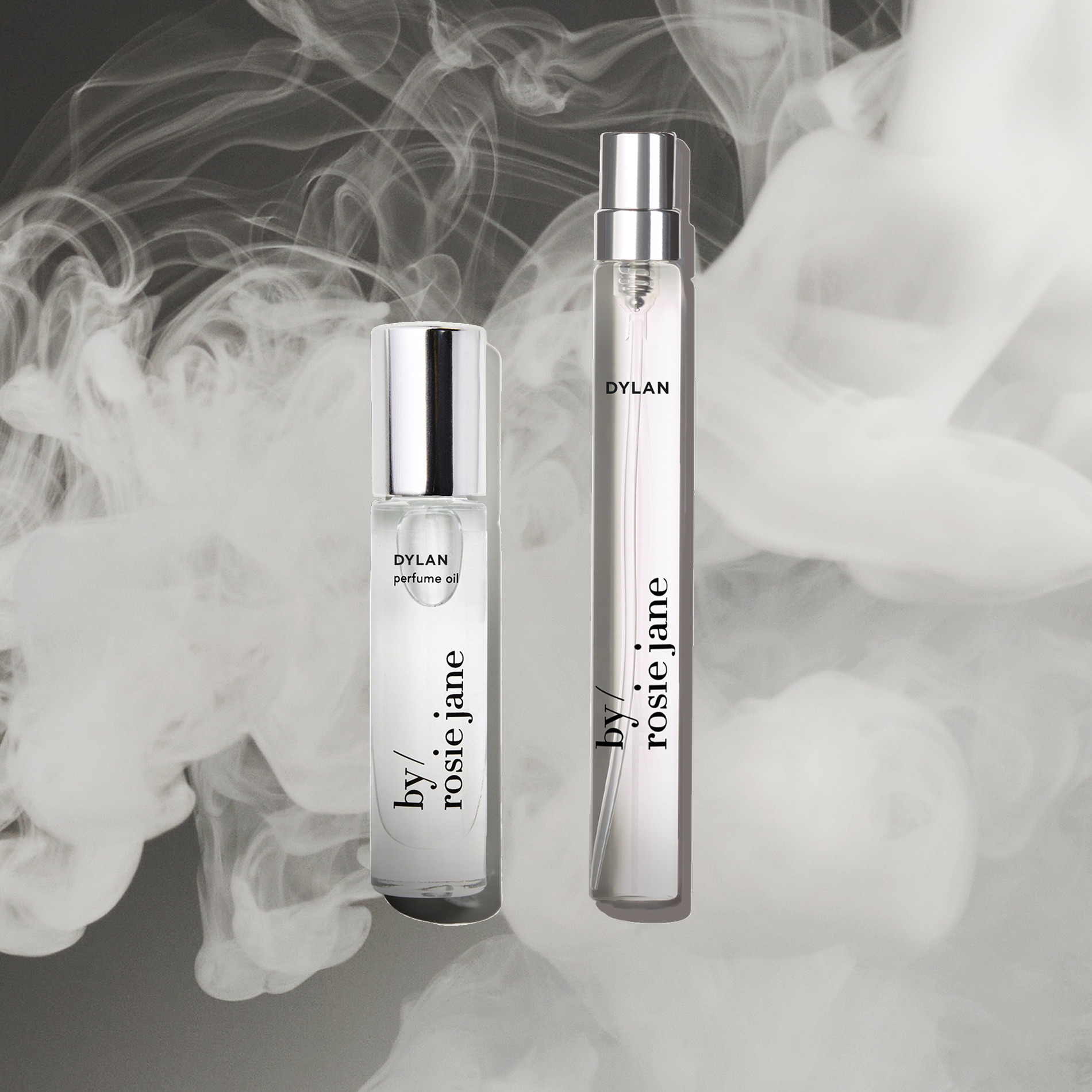 Two perfume bottles labeled 'Dylan' and 'By Rosie Jane' with smoke effect in the background.