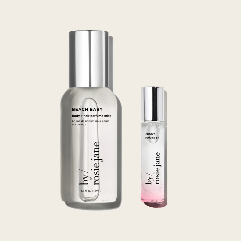 beach baby body mist and missy perfume oil bottles by rosie jane on a light beige background