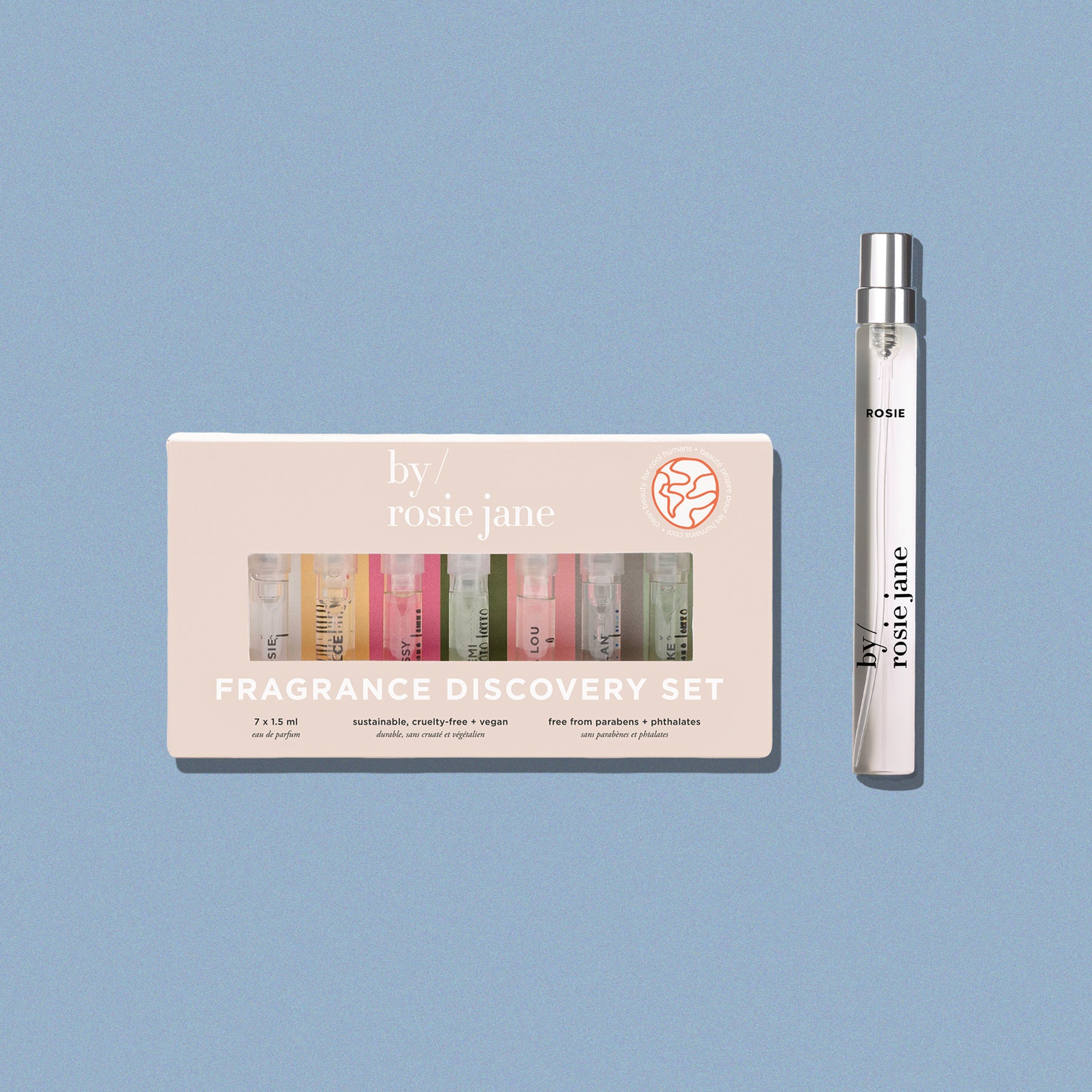 Fragrance discovery set with packaging and a travel spray on a blue background