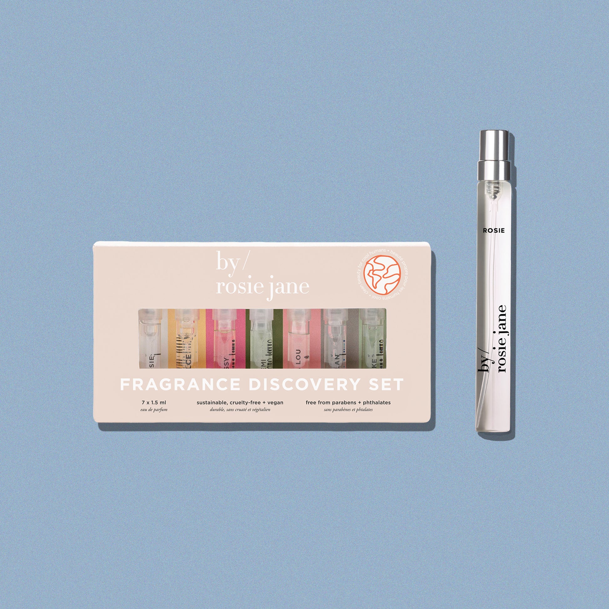 Fragrance discovery set with packaging and a travel spray on a blue background