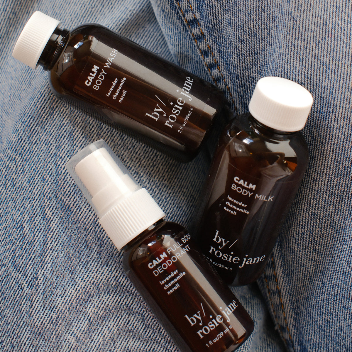 Mini body milk, mini deodorant, mini body wash in CALM