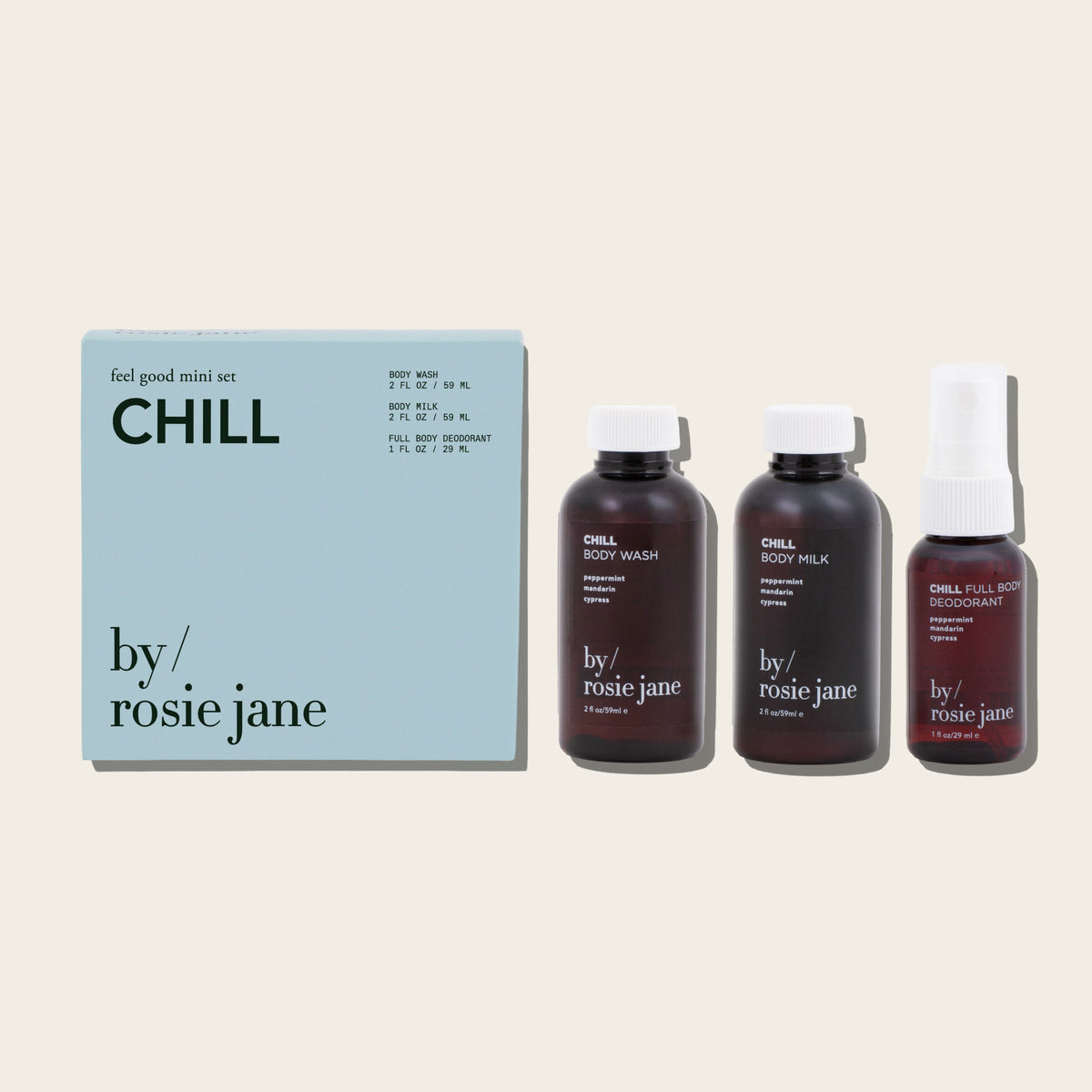 Mini body milk, mini deodorant, mini body wash in CHILL