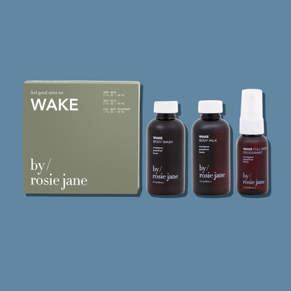 Mini body milk, mini deodorant, mini body wash in WAKE 