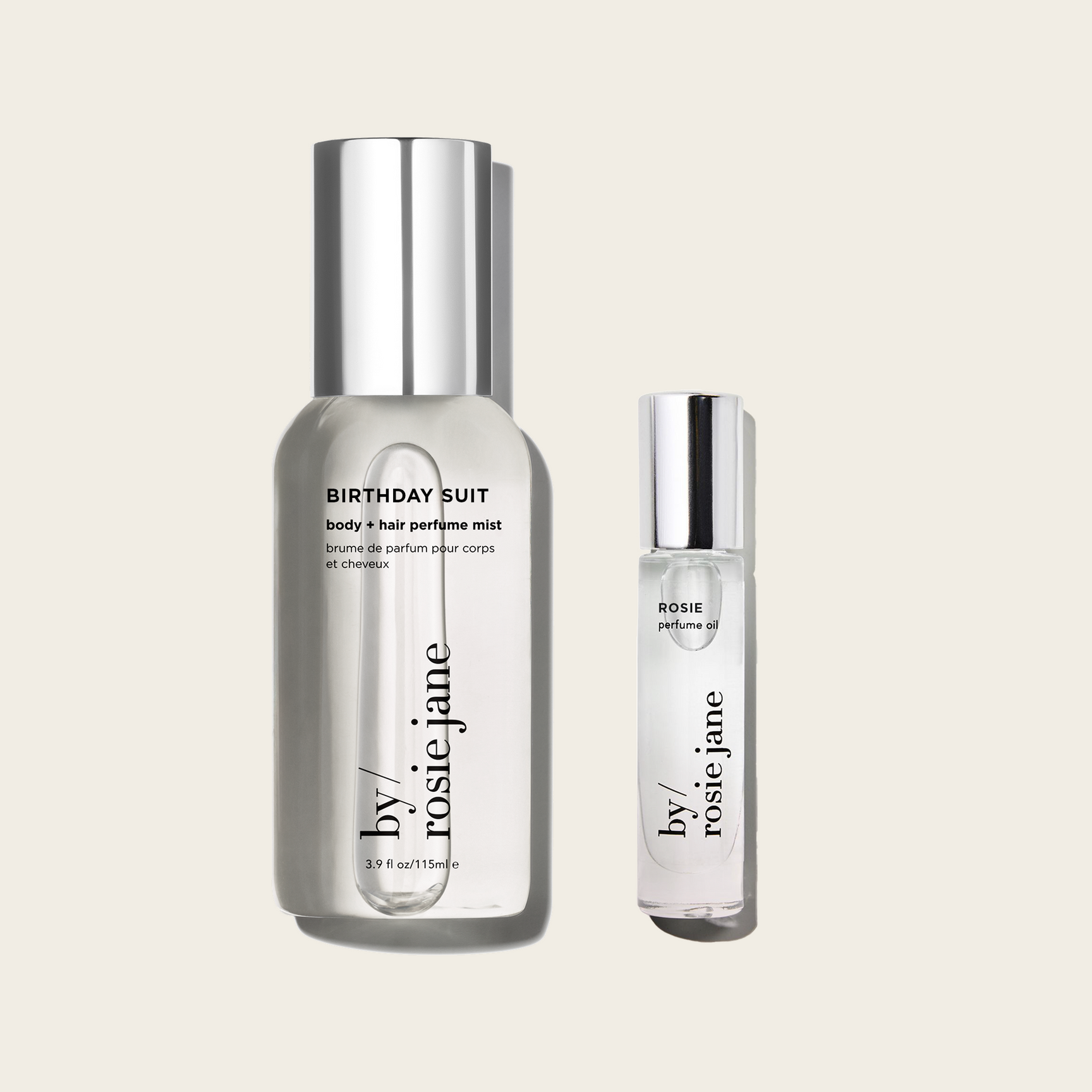 birthday suit body mist and rosie perfume oil on a light beige background