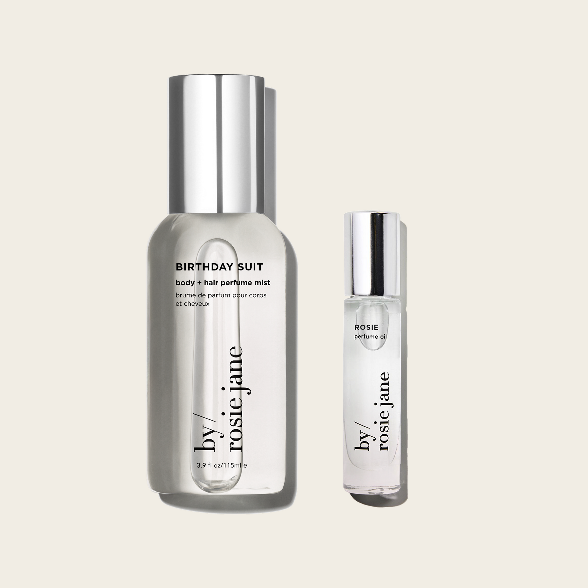 birthday suit body mist and rosie perfume oil on a light beige background