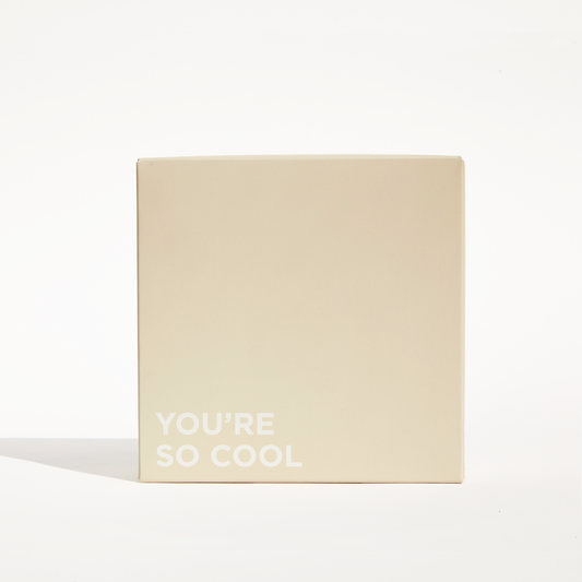 You're So Cool Gift Box, a flat, white carton with white text, designed for easy assembly and includes a B/RJ silver holiday sticker for sealing.