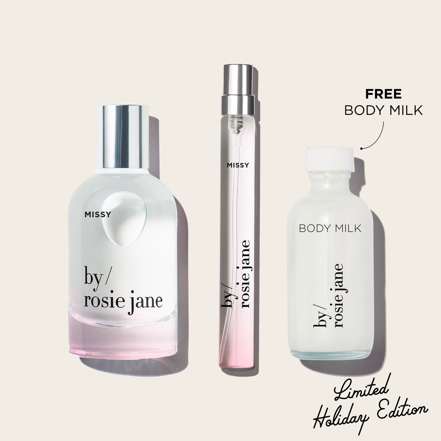 Three MISSY 'by Rosie Jane' perfume bottles on a white background with 'Free Body Milk' text.
