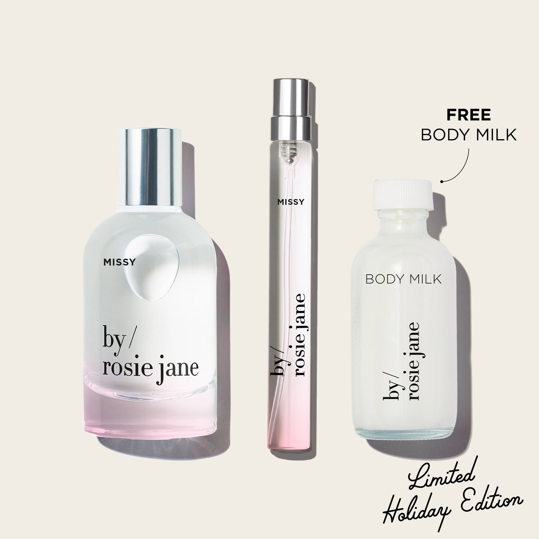 Three MISSY 'by Rosie Jane' perfume bottles on a white background with 'Free Body Milk' text.