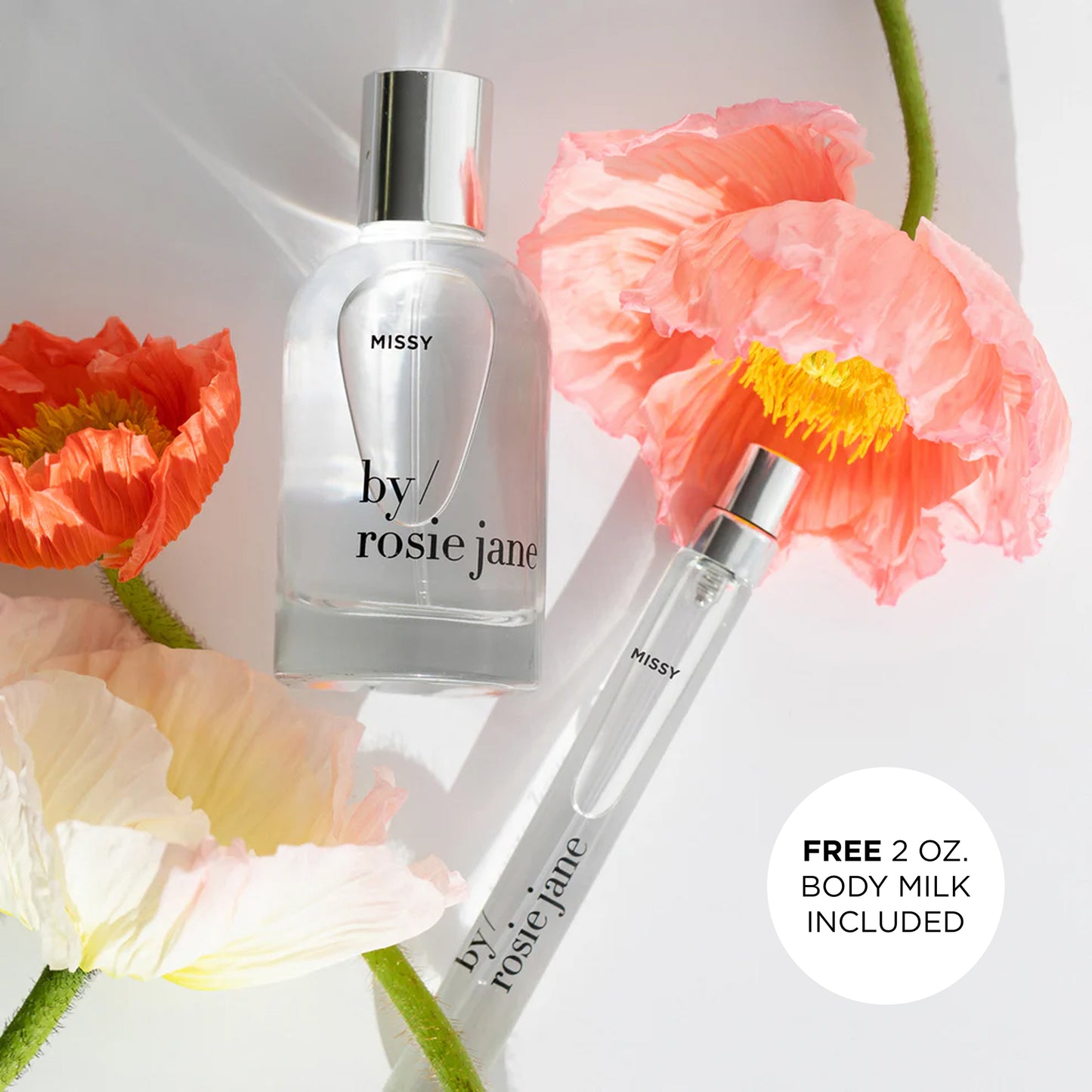 Missy by Rosie Jane perfume bottle with flowers on a light background