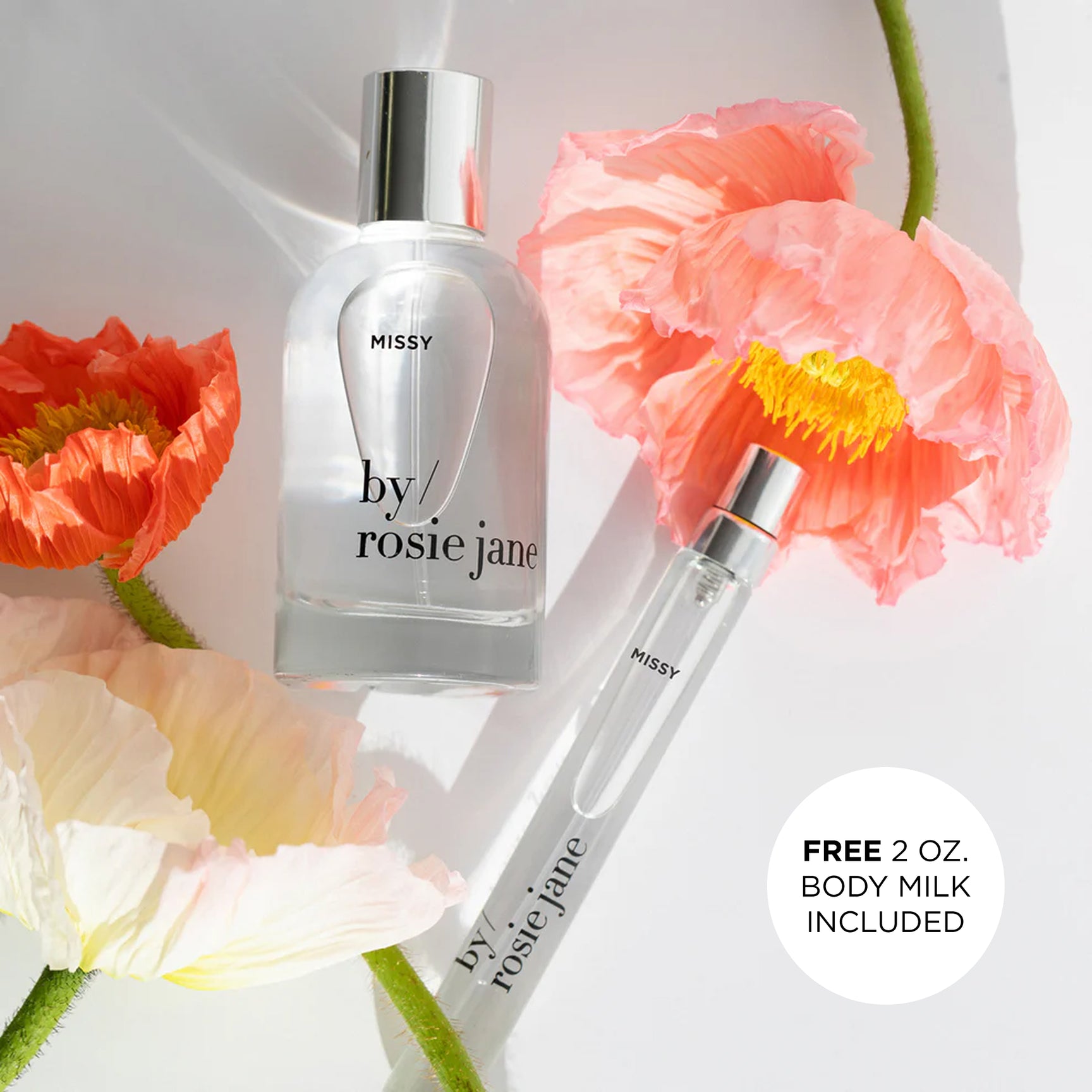 Missy by Rosie Jane perfume bottle with flowers on a light background