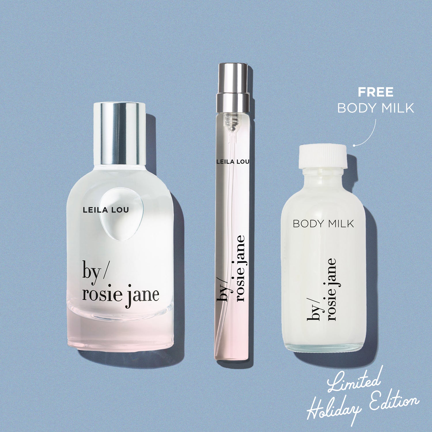 Three bottles of 'by rosie jane' on a light blue background with 'Leila Lou' branding.