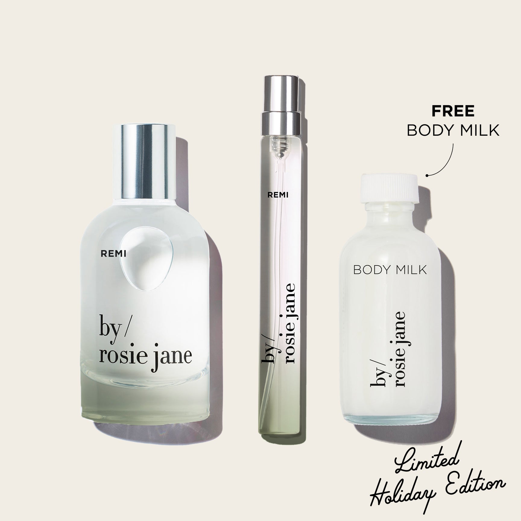 Three bottles of REMI 'by Rosie Jane' products on a white background with 'Free Body Milk' text.