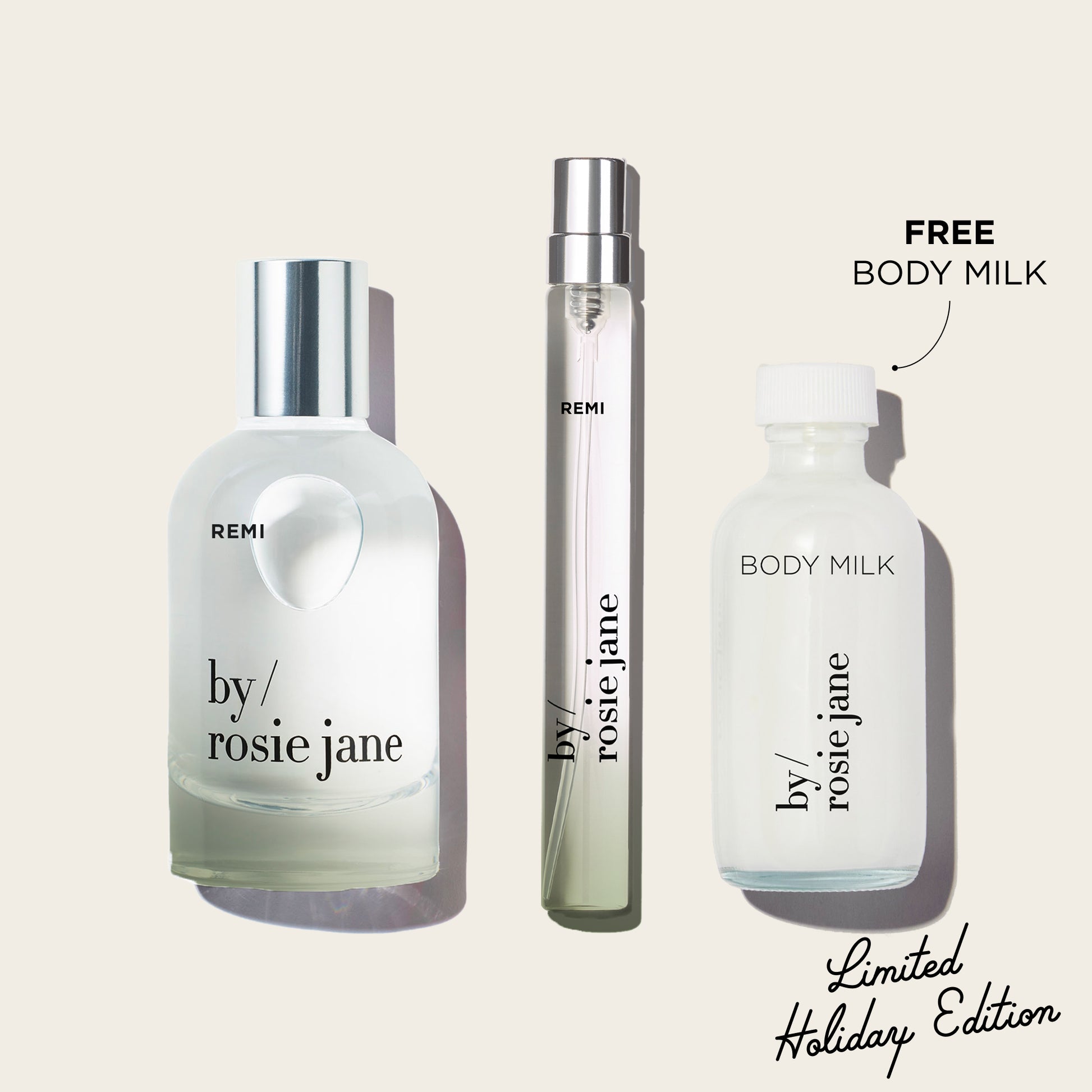 Three bottles of REMI 'by Rosie Jane' products on a white background with 'Free Body Milk' text.
