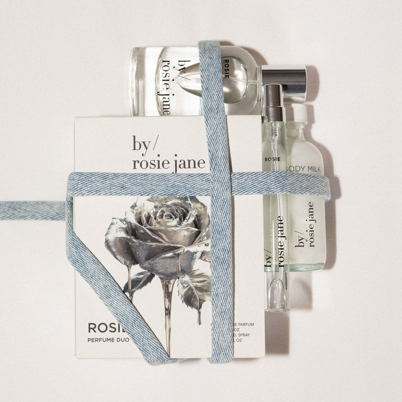 Rosie Jane perfume ROSIE duo with a rose design on packaging against a light background