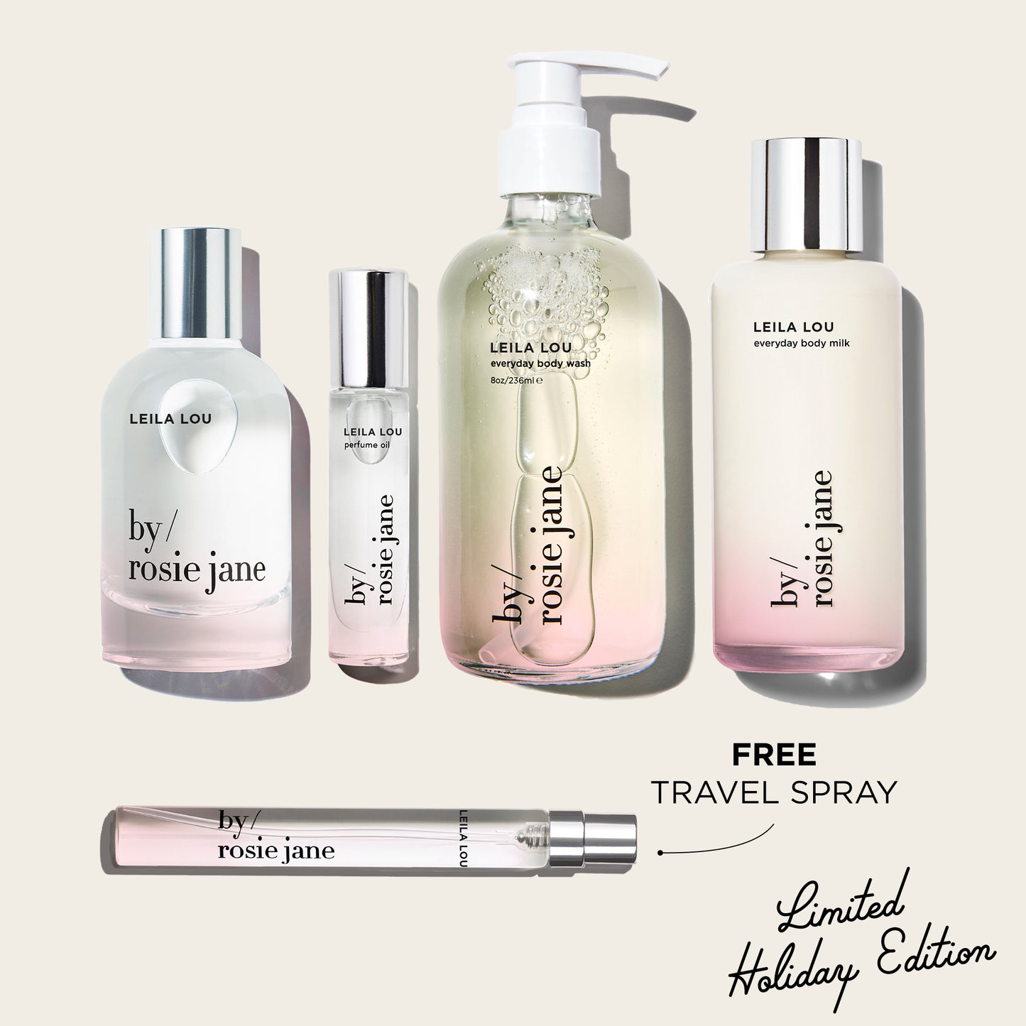 Collection of Leila Lou By Rosie Jane skincare products on a beige background